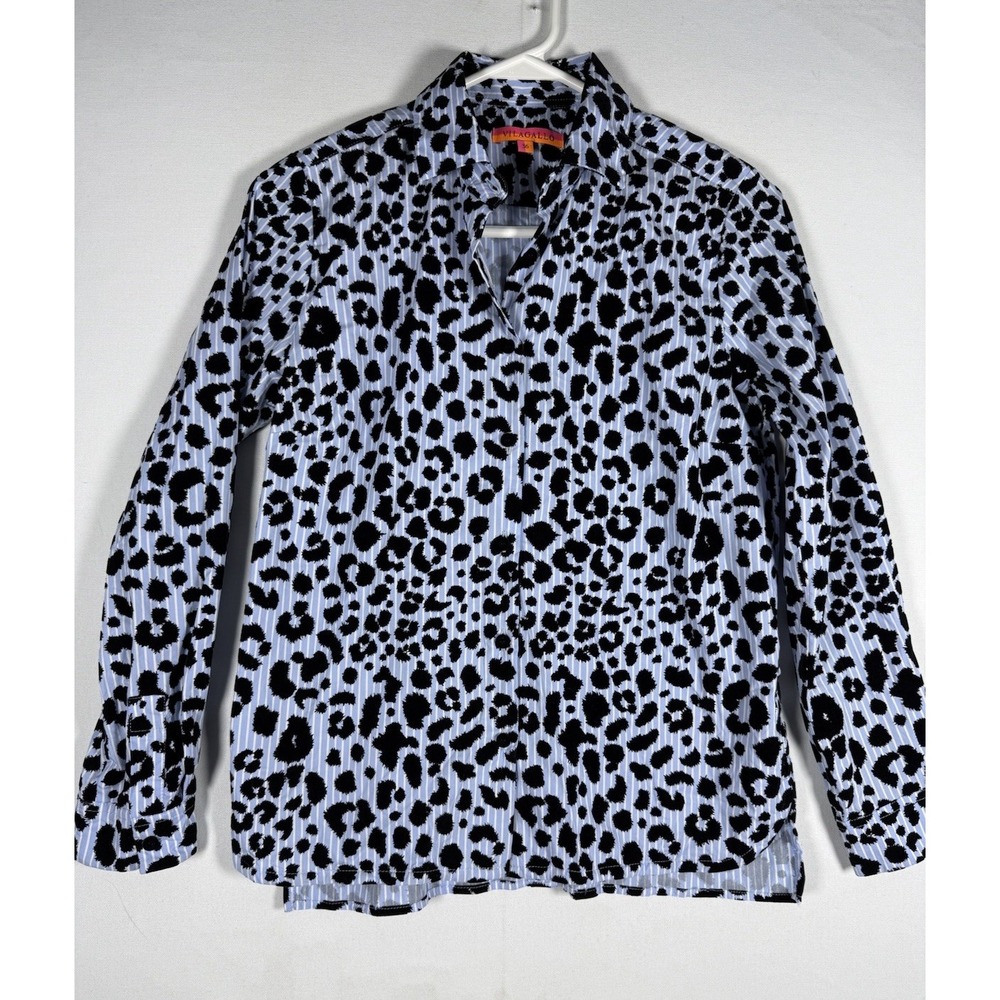 Vilagallo Top Womens Size 36 Blue Pin Stripe Leopard Button Up Long Sleeve Shirt